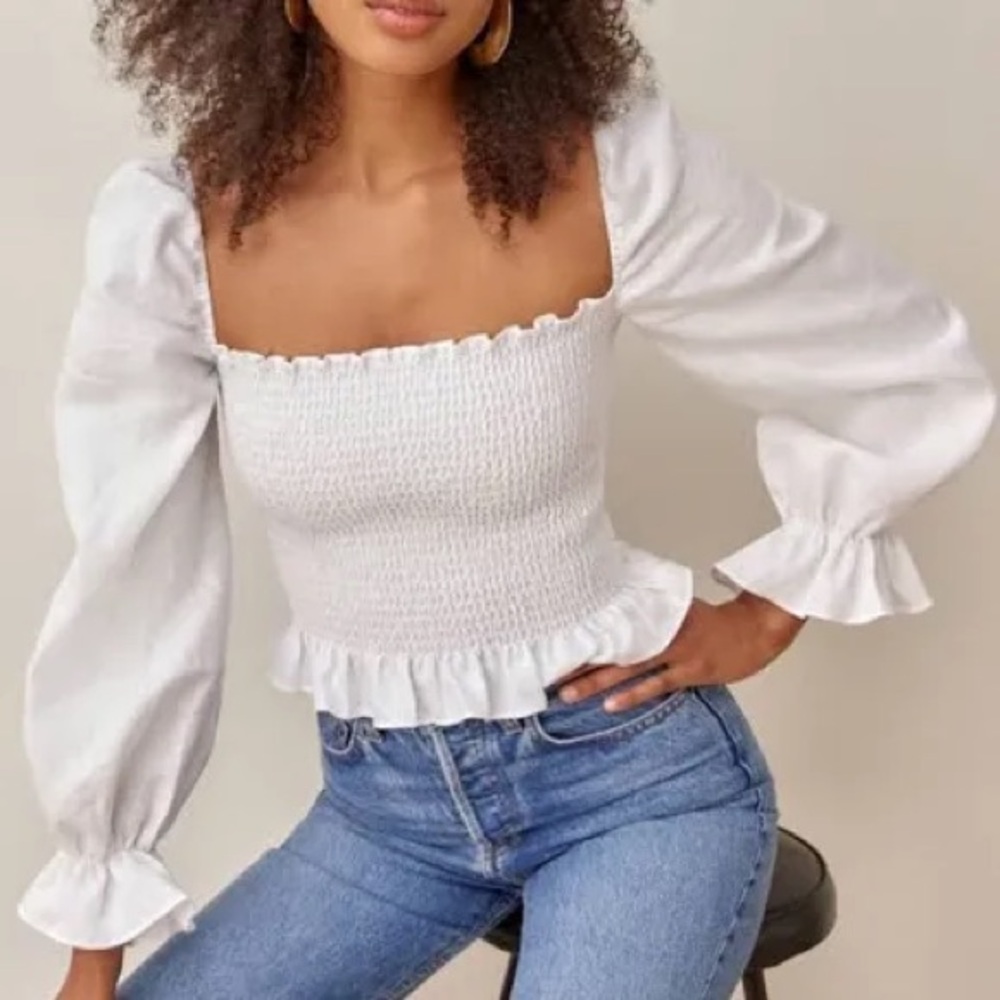 Reformation Tangerine White Smocked Blouse with Square Neck